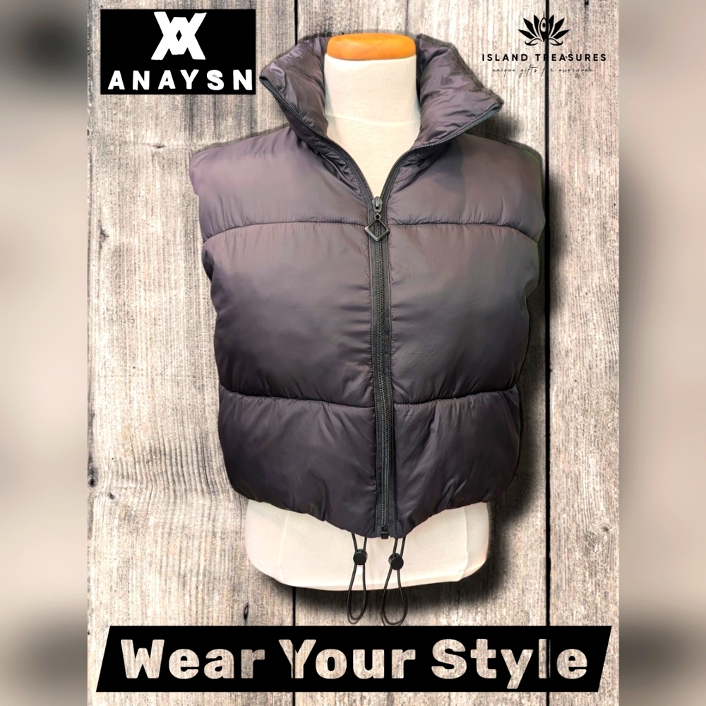 Anaysn Cropped Puffer Vest Sz L Quilted Lightweight High Collar With Drawstrings